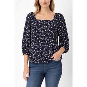 LOFT Petites Floral Square Neck Blouse XXSP Navy Pink Puff Sleeve Lightweight